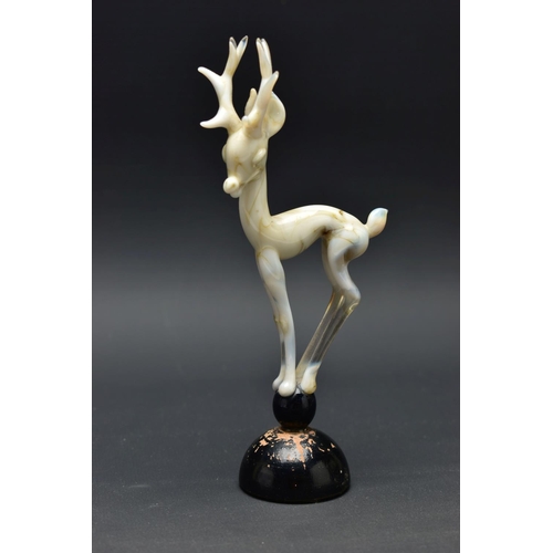 103 - AN ART DECO STYLE GLASS LAMPWORK FIGURE GROUP BY ISTVAN KOMAROMY, of a female nude and leaping stag,... 