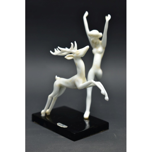 103 - AN ART DECO STYLE GLASS LAMPWORK FIGURE GROUP BY ISTVAN KOMAROMY, of a female nude and leaping stag,... 