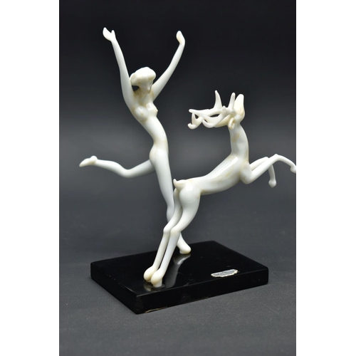 103 - AN ART DECO STYLE GLASS LAMPWORK FIGURE GROUP BY ISTVAN KOMAROMY, of a female nude and leaping stag,... 