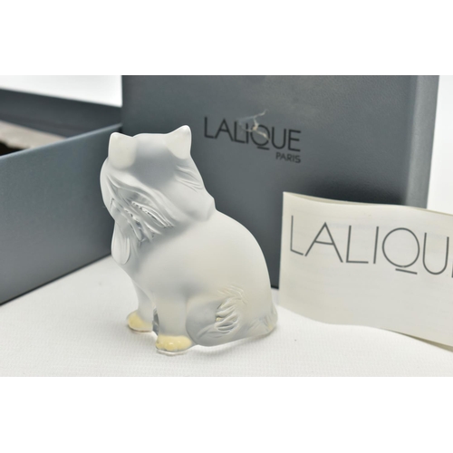 107 - A BOXED LALIQUE HEGGIE CAT, serial number 1179600, modelled as a seated cat, etched mark to base, he... 