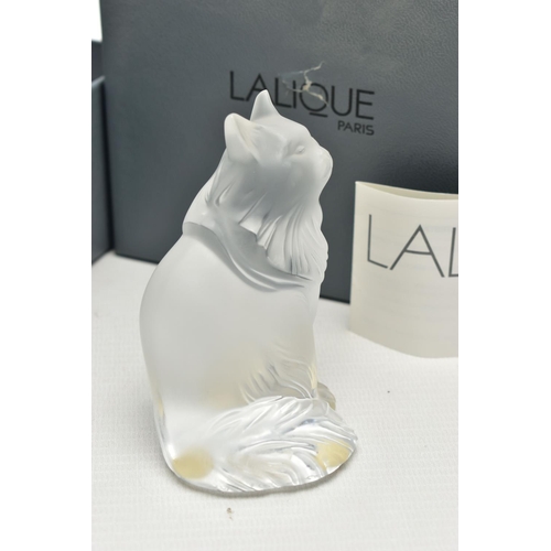 107 - A BOXED LALIQUE HEGGIE CAT, serial number 1179600, modelled as a seated cat, etched mark to base, he... 