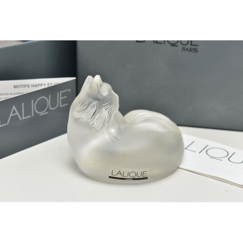 108 - A BOXED LALIQUE HAPPY CAT, serial number 1179500, modelled as a recumbent cat, etched mark to base, ... 