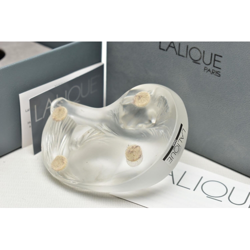 108 - A BOXED LALIQUE HAPPY CAT, serial number 1179500, modelled as a recumbent cat, etched mark to base, ... 