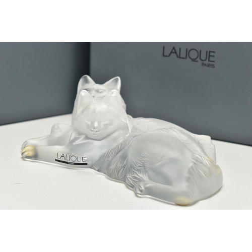 109 - A BOXED LALIQUE HAPPY AND HEGGIE CATS GROUP, serial number 1179800, modelled as recumbent cats, etch... 