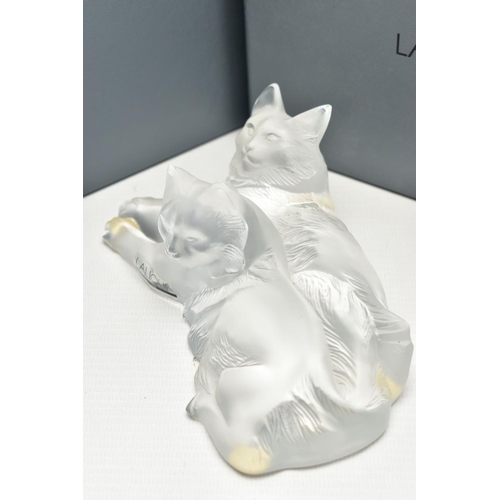 109 - A BOXED LALIQUE HAPPY AND HEGGIE CATS GROUP, serial number 1179800, modelled as recumbent cats, etch... 