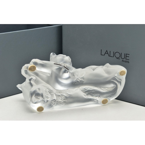 109 - A BOXED LALIQUE HAPPY AND HEGGIE CATS GROUP, serial number 1179800, modelled as recumbent cats, etch... 