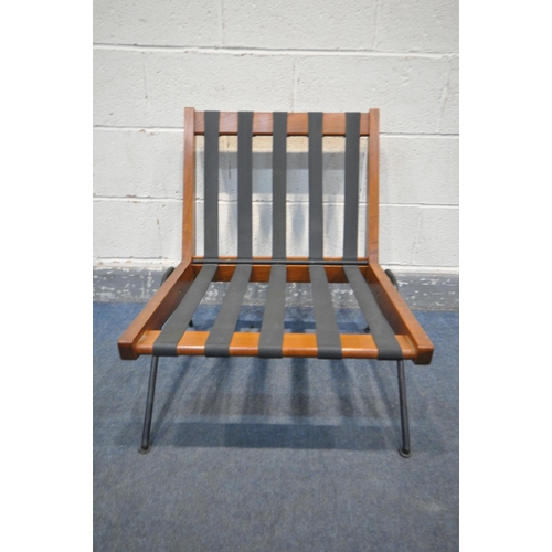 223 - ROBIN DAY (B.1915-2010) A MID CENTURY TEAK 'CHEVRON' CHAIR, on metal legs, unsigned, with loose cush... 