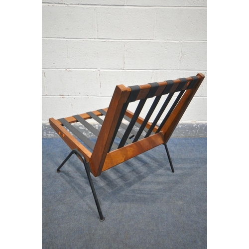 223 - ROBIN DAY (B.1915-2010) A MID CENTURY TEAK 'CHEVRON' CHAIR, on metal legs, unsigned, with loose cush... 