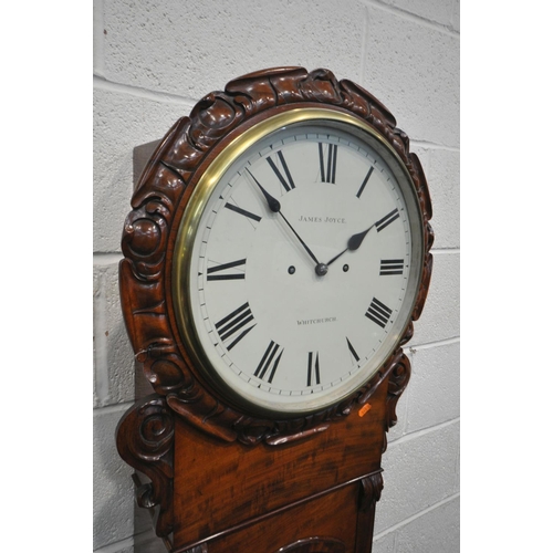 224 - A VICTORIAN FLAME MAHOGANY EIGHT DAY DROP DIAL WALL CLOCK, the foliate border surrounding a glazed d... 