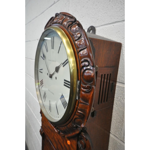 224 - A VICTORIAN FLAME MAHOGANY EIGHT DAY DROP DIAL WALL CLOCK, the foliate border surrounding a glazed d... 