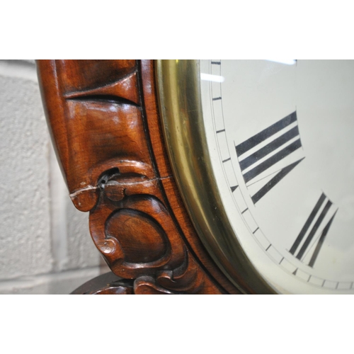 224 - A VICTORIAN FLAME MAHOGANY EIGHT DAY DROP DIAL WALL CLOCK, the foliate border surrounding a glazed d... 