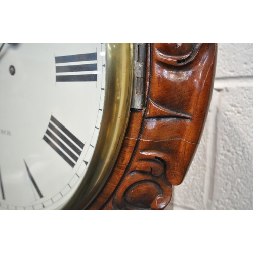 224 - A VICTORIAN FLAME MAHOGANY EIGHT DAY DROP DIAL WALL CLOCK, the foliate border surrounding a glazed d... 