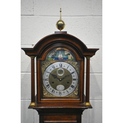 225 - SINCLAIR HARDING OF CHELTENHAM, A MAHOGANY LONGCASE CLOCK, the hood with a brass finial, cylindrical... 