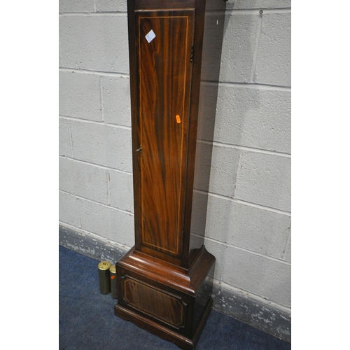 225 - SINCLAIR HARDING OF CHELTENHAM, A MAHOGANY LONGCASE CLOCK, the hood with a brass finial, cylindrical... 