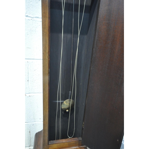 225 - SINCLAIR HARDING OF CHELTENHAM, A MAHOGANY LONGCASE CLOCK, the hood with a brass finial, cylindrical... 