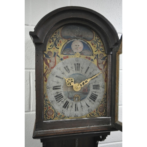 226 - A 19TH CENTURY DUTCH OAK WALL CLOCK, the arched glazed door enclosing a 10 inch painted dial with la... 