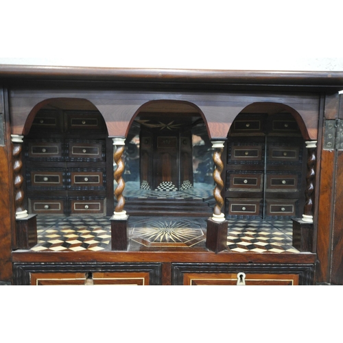 232 - AN 18TH CENTURY AND LATER FLEMISH CABINET, on a separate stand, the top with a multiwood geometric p... 