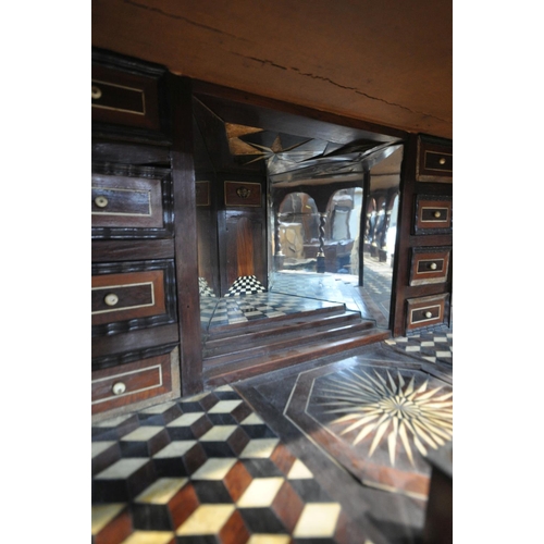 232 - AN 18TH CENTURY AND LATER FLEMISH CABINET, on a separate stand, the top with a multiwood geometric p... 