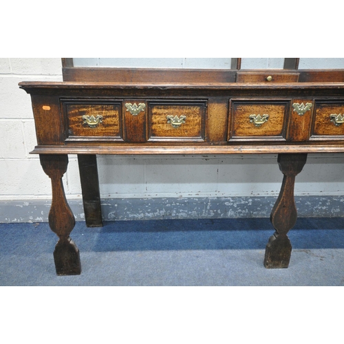 233 - A GEORGE III OAK DRESSER, the top with an arrangement of shelving, and a single drawer, over a base ... 