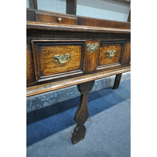 233 - A GEORGE III OAK DRESSER, the top with an arrangement of shelving, and a single drawer, over a base ... 