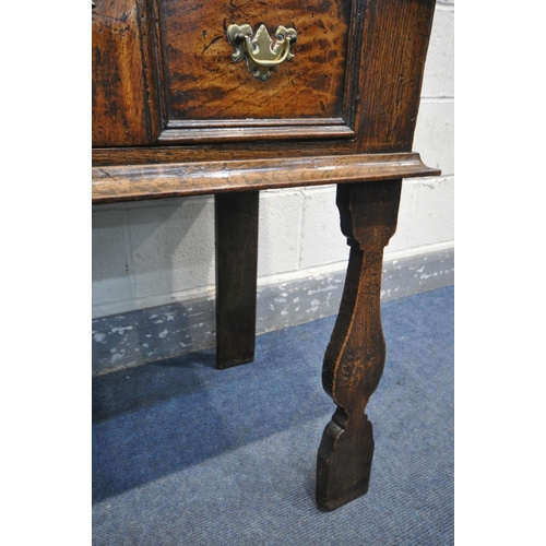 233 - A GEORGE III OAK DRESSER, the top with an arrangement of shelving, and a single drawer, over a base ... 