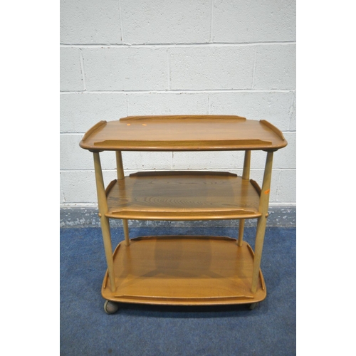 235 - LUCIAN ERCOLANI FOR ERCOL, A MODEL 458 ELM AND BEECH THREE TIER TEA TROLLEY, width 72cm x depth 46cm... 