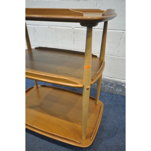 235 - LUCIAN ERCOLANI FOR ERCOL, A MODEL 458 ELM AND BEECH THREE TIER TEA TROLLEY, width 72cm x depth 46cm... 