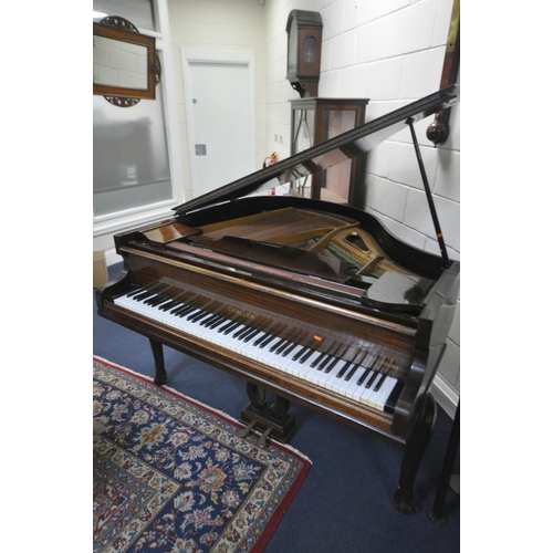 242 - A CHALLEN MAHOGANY 4FT 7 INCH BABY GRAND PIANO, serial number 46474, bone keys, on cabriole legs, wi... 