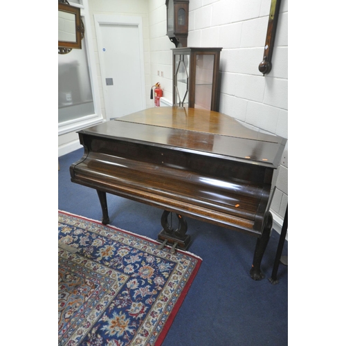 242 - A CHALLEN MAHOGANY 4FT 7 INCH BABY GRAND PIANO, serial number 46474, bone keys, on cabriole legs, wi... 