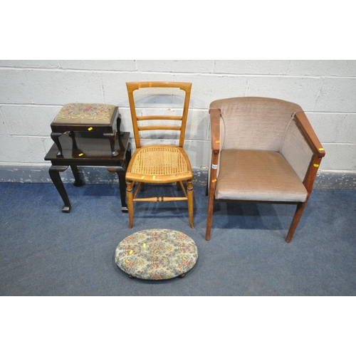 247 - A MID CENTURY TUB CHAIR, a cane seated chair, a mahogany rectangular occasional table, a mahogany fo... 