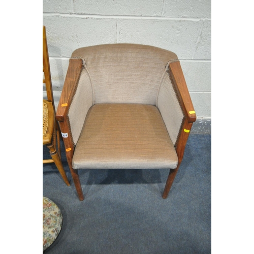 247 - A MID CENTURY TUB CHAIR, a cane seated chair, a mahogany rectangular occasional table, a mahogany fo... 