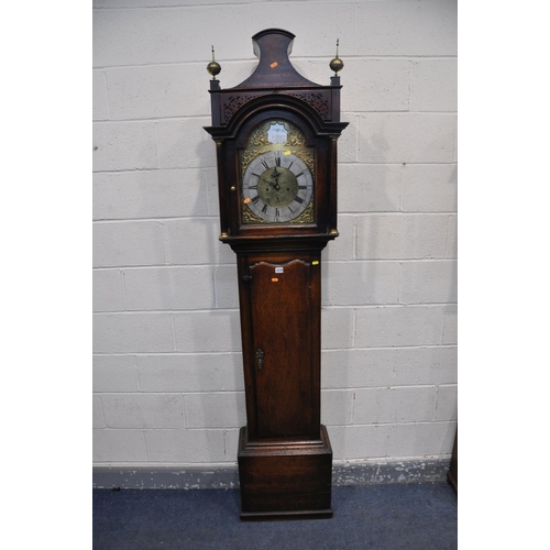 250 - THOMAS & WILLIAM STRIPLING OF LICHFIELD, AN 18TH CENTURY OAK EIGHT DAY LONGCASE CLOCK, the domed hoo... 