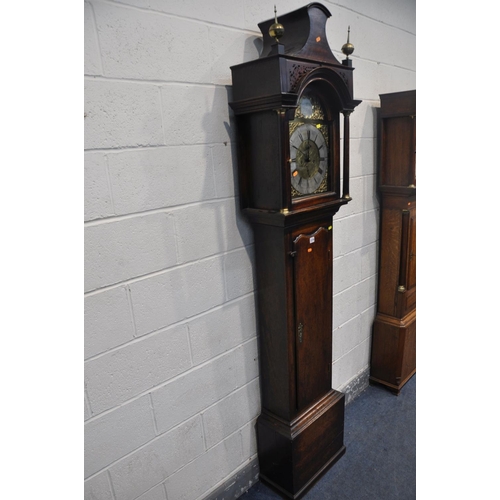 250 - THOMAS & WILLIAM STRIPLING OF LICHFIELD, AN 18TH CENTURY OAK EIGHT DAY LONGCASE CLOCK, the domed hoo... 