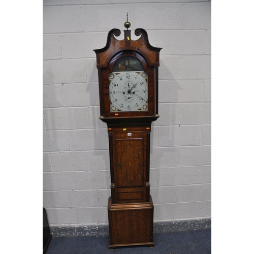 251 - A GEORGE III OAK AND MAHOGANY BANDED EIGHT DAY LONG CASE CLOCK, signed E. Timings, Dudley, the hood ... 