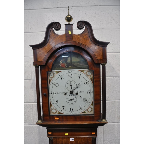 251 - A GEORGE III OAK AND MAHOGANY BANDED EIGHT DAY LONG CASE CLOCK, signed E. Timings, Dudley, the hood ... 