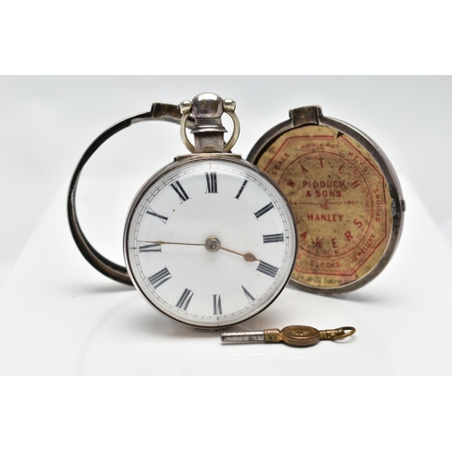 10 - A 19TH CENTURY SILVER PAIR CASE, KEY WOUND POCKET WATCH, open face pocket watch with a white enamel ... 