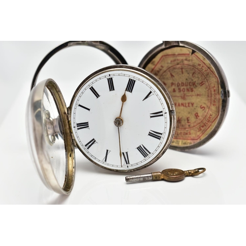 10 - A 19TH CENTURY SILVER PAIR CASE, KEY WOUND POCKET WATCH, open face pocket watch with a white enamel ... 