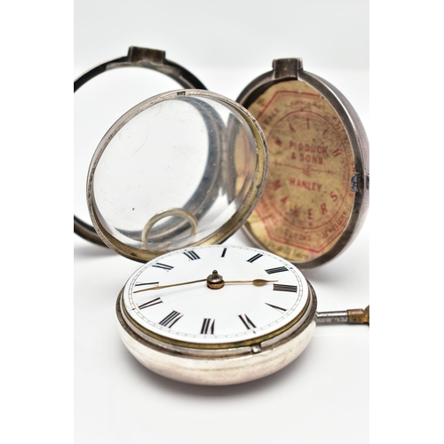 10 - A 19TH CENTURY SILVER PAIR CASE, KEY WOUND POCKET WATCH, open face pocket watch with a white enamel ... 