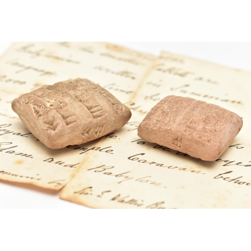 167 - TWO ANCIENT TRADING TABLETS, the rectangular shape cuneiform tablets accompanied by a hand written l... 