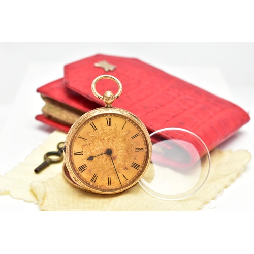 2 - A LATE VICTORIAN 18CT GOLD OPENFACE KEY WOUND POCKET WATCH WITH WATCH KEY, floral and scroll engrave... 