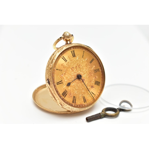 2 - A LATE VICTORIAN 18CT GOLD OPENFACE KEY WOUND POCKET WATCH WITH WATCH KEY, floral and scroll engrave... 