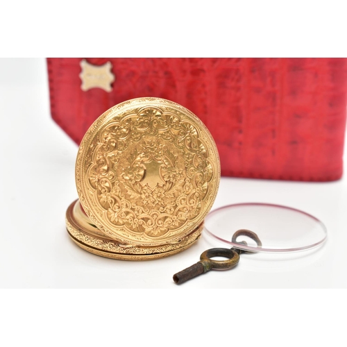 2 - A LATE VICTORIAN 18CT GOLD OPENFACE KEY WOUND POCKET WATCH WITH WATCH KEY, floral and scroll engrave... 