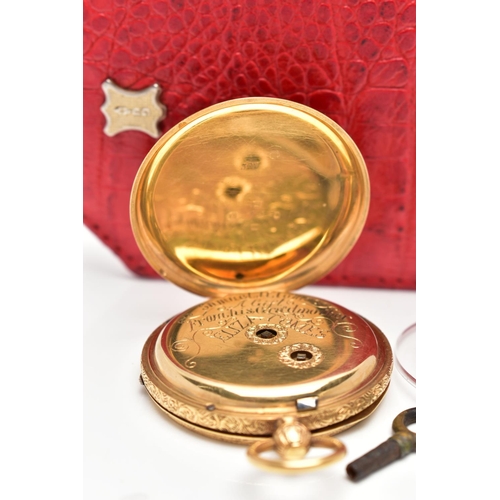 2 - A LATE VICTORIAN 18CT GOLD OPENFACE KEY WOUND POCKET WATCH WITH WATCH KEY, floral and scroll engrave... 