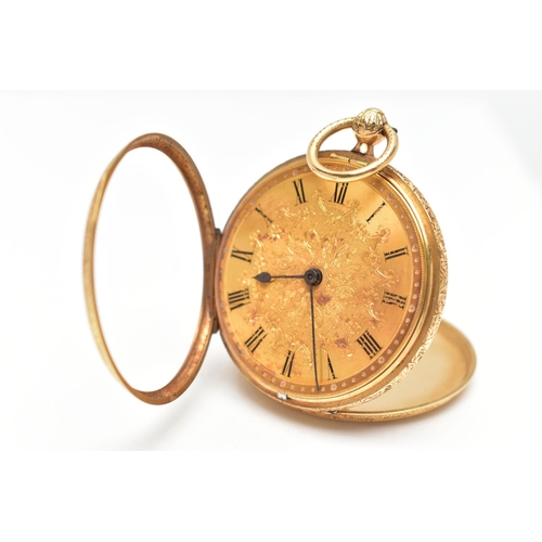 2 - A LATE VICTORIAN 18CT GOLD OPENFACE KEY WOUND POCKET WATCH WITH WATCH KEY, floral and scroll engrave... 