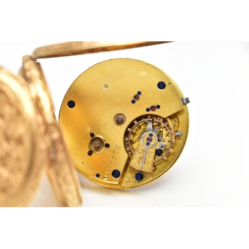 2 - A LATE VICTORIAN 18CT GOLD OPENFACE KEY WOUND POCKET WATCH WITH WATCH KEY, floral and scroll engrave... 