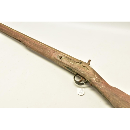 327 - AN ANTIQUE RELIC FLINTLOCK MUSKET fitted with a 51   barrel, it is missing its ramrod, top jaw and s... 