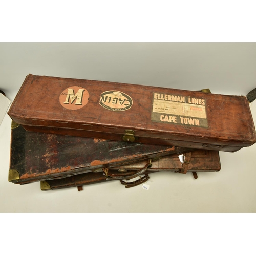 332 - FOUR WORN CONDITION LEATHER GUN RIFLE CASES, one bears the case label for Joseph Lang & Son and anot... 