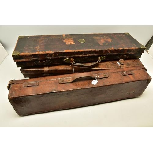 332 - FOUR WORN CONDITION LEATHER GUN RIFLE CASES, one bears the case label for Joseph Lang & Son and anot... 