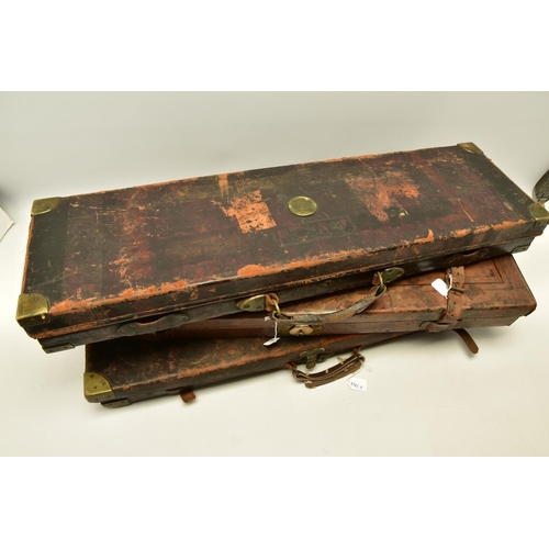 332 - FOUR WORN CONDITION LEATHER GUN RIFLE CASES, one bears the case label for Joseph Lang & Son and anot... 