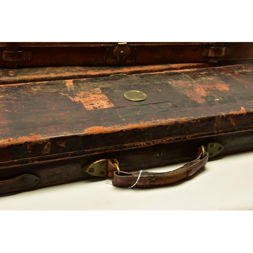 332 - FOUR WORN CONDITION LEATHER GUN RIFLE CASES, one bears the case label for Joseph Lang & Son and anot... 